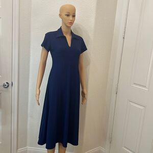Express Dress Size Small Notch Collar Short Sleeve Midi Navy Royal Blue Flare